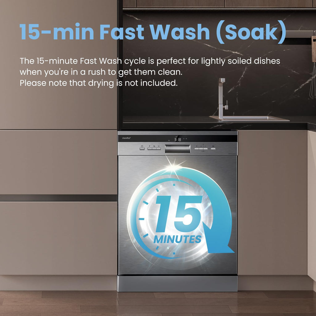 COMFEE' Freestanding Dishwasher FD1435E-X with 14 place settings, Full Size, Whisper Quiet 44dB