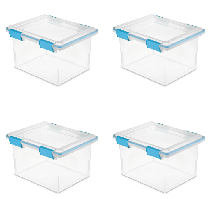 Sterilite 32 Qt Gasket Box Clear Base and Lid Blue Aquarium Set of 4