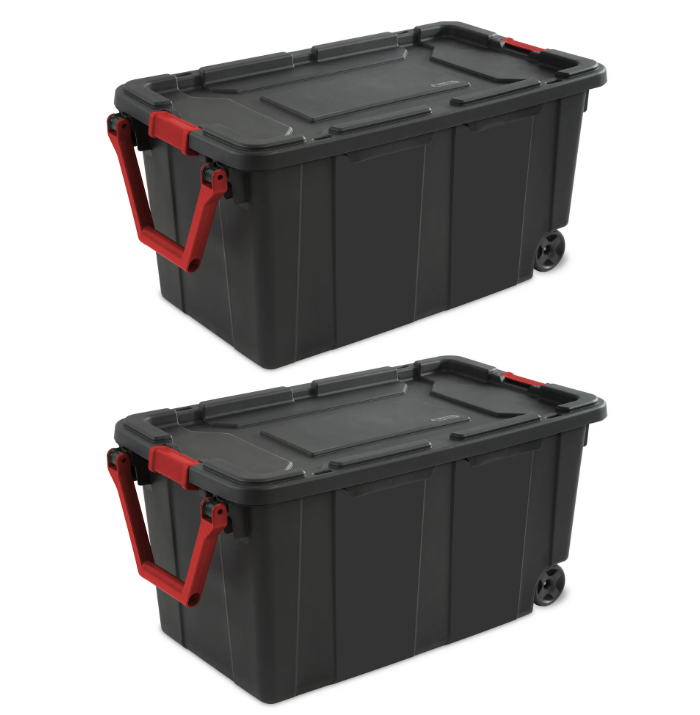 Sterilite 40 Gallon Wheeled Industrial Tote Plastic, Black, Set of 2