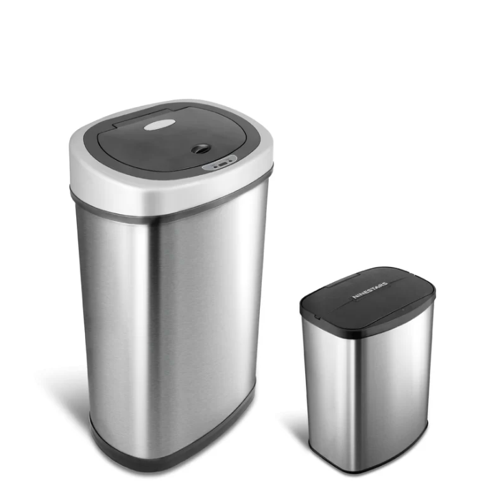 NINESTARS CB-DZT-50-9/8-1 Automatic Touchless Infrared Motion Sensor Trash Can Combo Set, 13 Gal 50L & 2 Gal 8L, Stainless Steel Base (Oval & Rectangular, Silver/Black Lid)